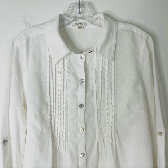 Tyler Boe white linen pleated coastal tunic button front top 10 - Picture 2 of 6
